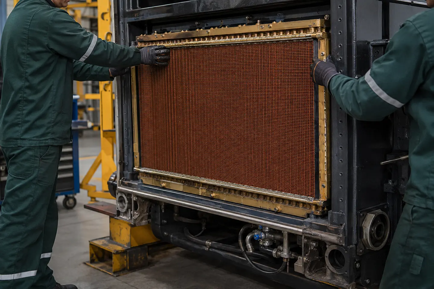 Técnicos realizando troca de colmeia de radiador ferroviário