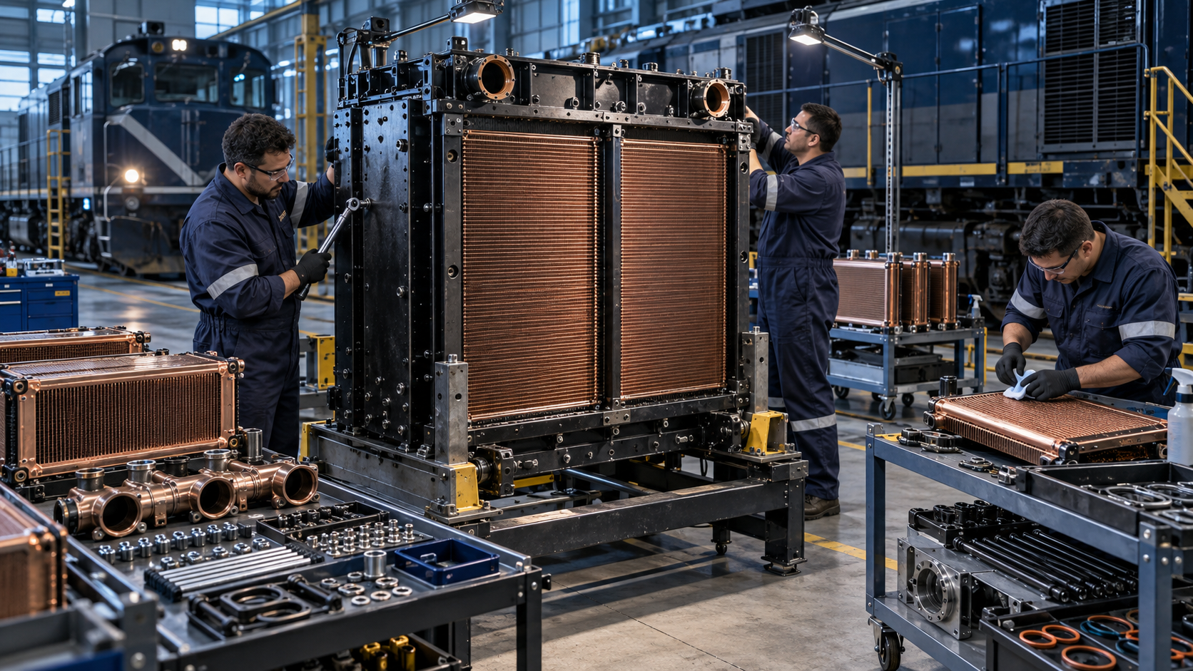 Equipe realizando reforma geral de componentes térmicos ferroviários
