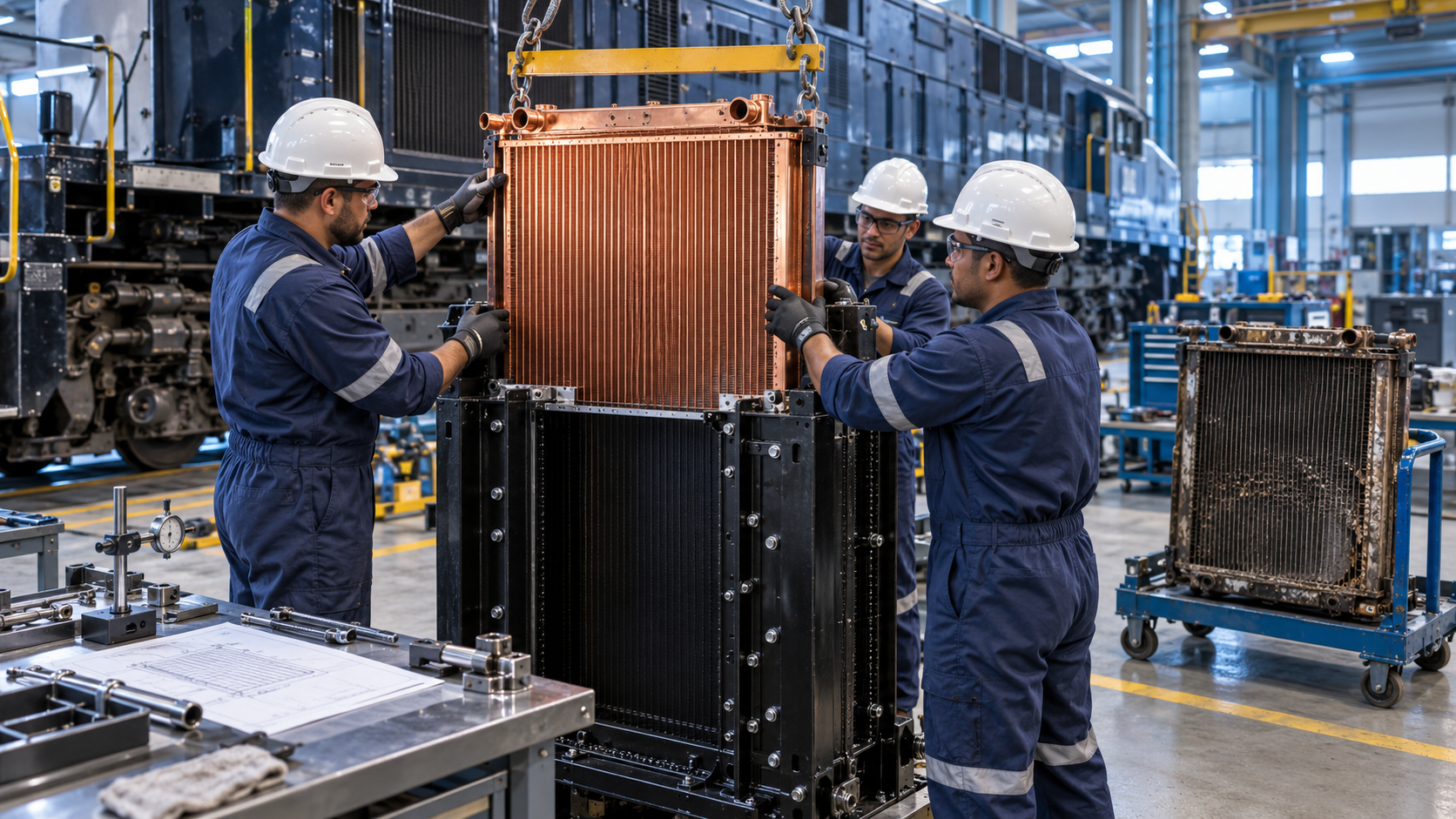 Técnicos instalando nova colmeia de cobre em radiador ferroviário